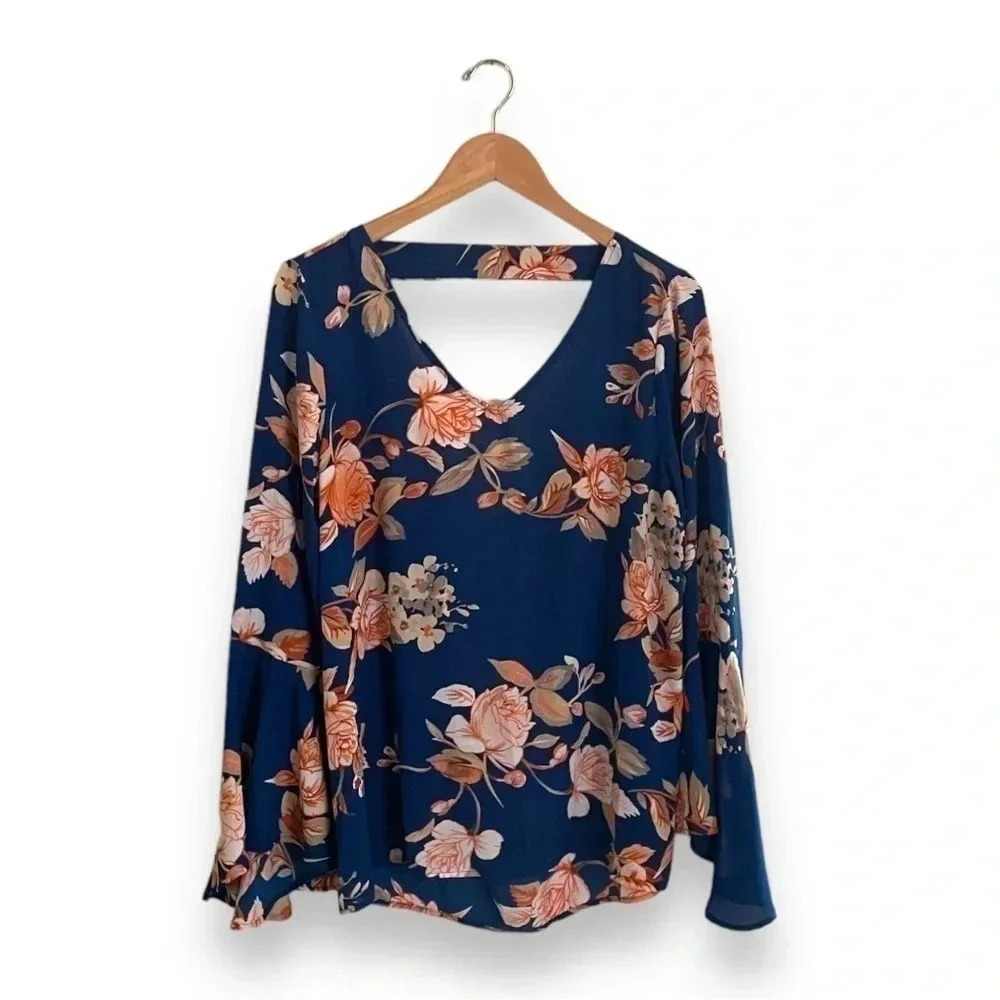 Navy Floral Bell Sleeve Top - Picture 3 of 11